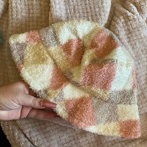 Fuzzy teddy bear patchwork hat